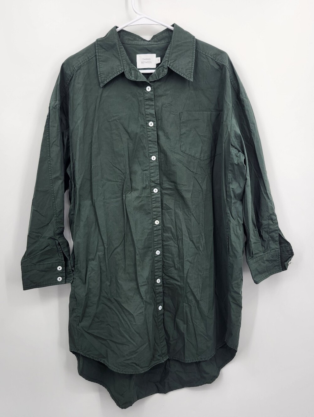 Things Between dark green oversized button-down shirt dress SZ S